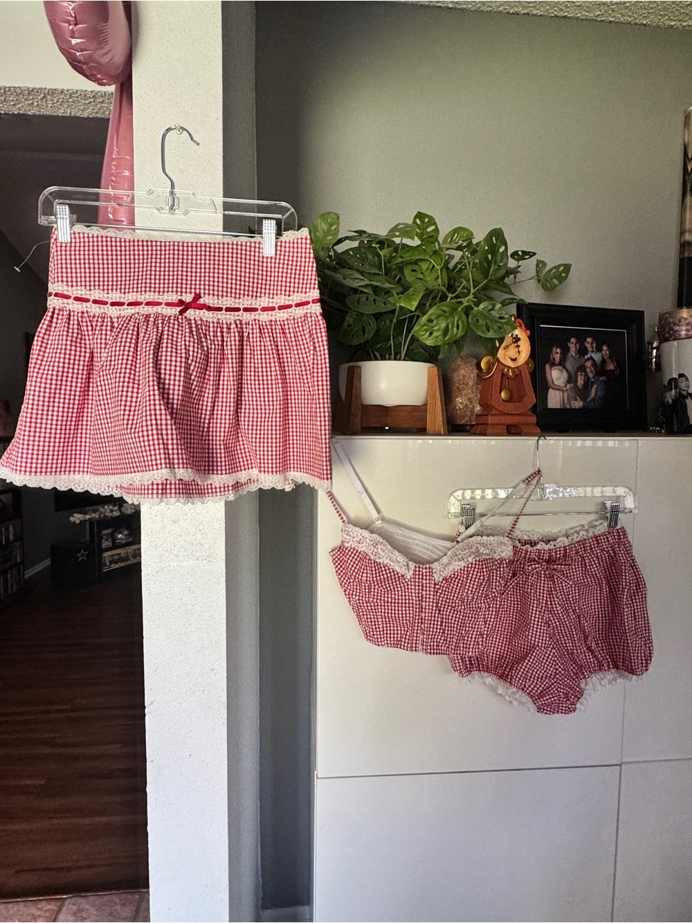Forever 21 Red Gingham Skirt and Shorts Set with Lace Trim